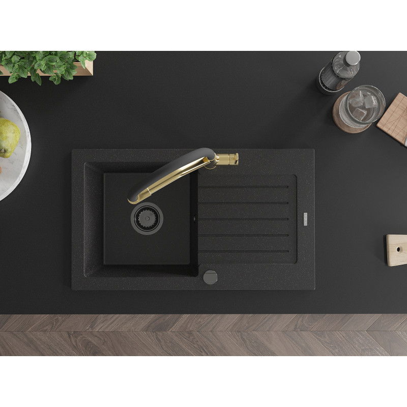 Mexen Pablo granitový drez 1-komorový s odkvapkávacou plochou a kuchynskou batériou Duo, čierny/strieborný metalický
