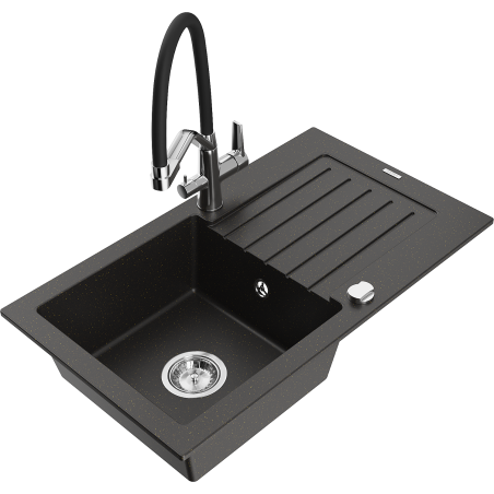 Mexen Pablo granitový drez s 1 komorou s odkvapkávačom a kuchynskou batériou Duo, čierny/zlatý metalický