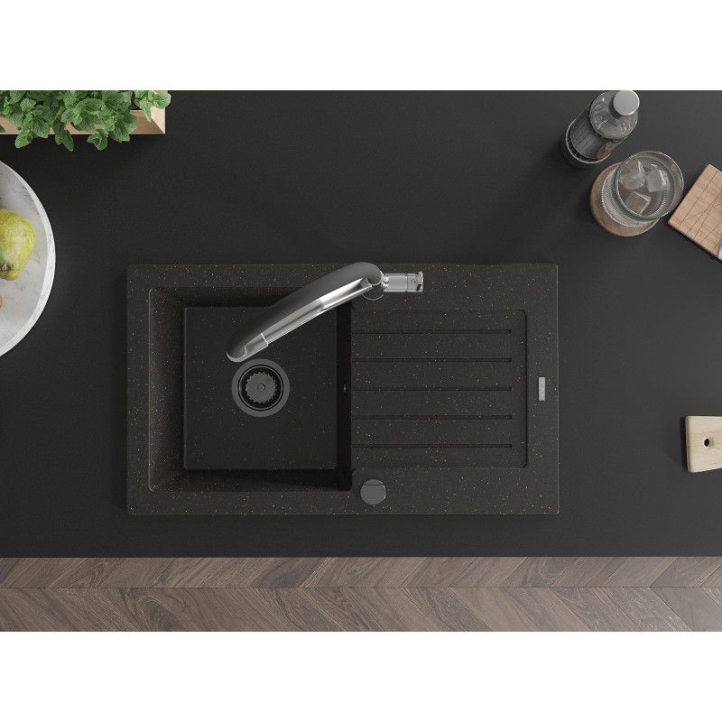 Mexen Pablo granitový drez 1-komorový s odkvapkávačom a kuchynskou batériou Duo, čierny/zlatý metalik