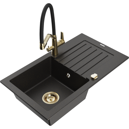Mexen Pablo granitový jednodrez s odkvapkávačom a kuchynskou batériou Duo, čierna/zlatá metalíza - 6510-75-671701-57-G