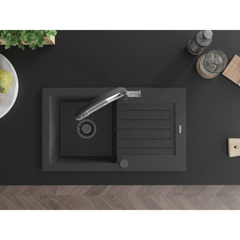 Mexen Pablo žulový drez 1-komorový s odkvapkávačom a kuchynskou batériou Duo, čierny škvrnitý - 6510-76-671701-07-B