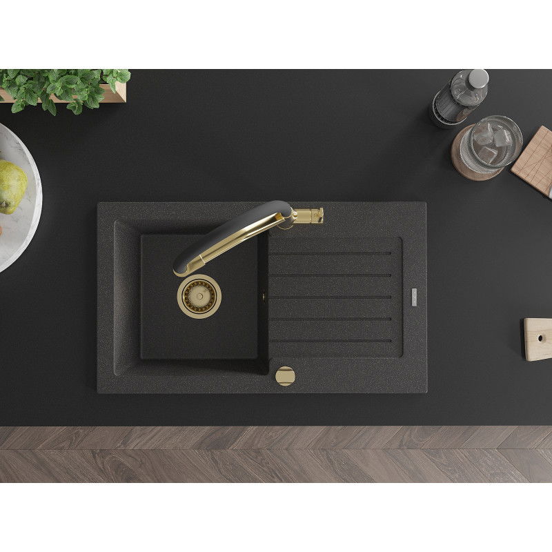 Mexen Pablo žulový granitový drez s 1 misou a odkvapkávačom a kuchynskou batériou Duo, čierny strakatý - 6510-76-671701-57-G