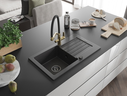 Mexen Pablo žulový drez s 1 komorou s odkvapkávačom a kuchynskou batériou Duo, čierny s bodkami - 6510-76-671701-57-B