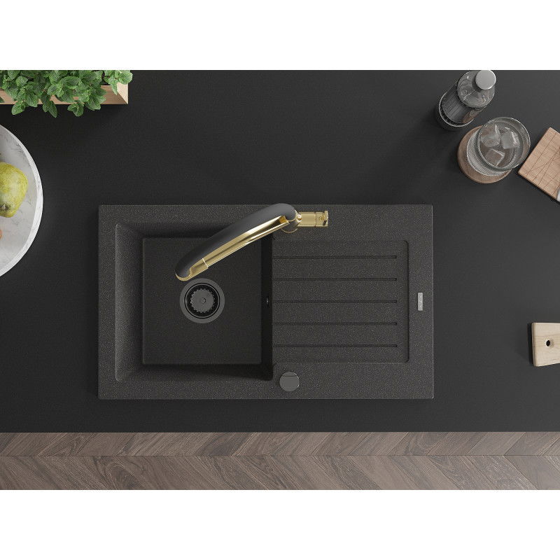 Mexen Pablo žulový drez s 1 komorou s odkvapkávačom a kuchynskou batériou Duo, čierny s bodkami - 6510-76-671701-57-B
