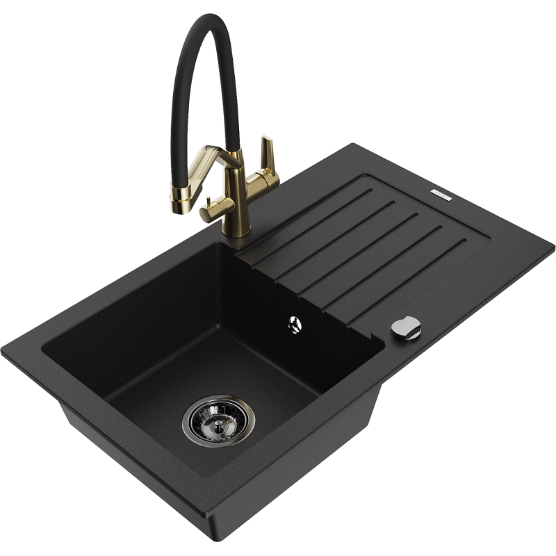 Mexen Pablo žulový drez 1-komorový s odkvapkávacou plochou a kuchynskou batériou Duo, čierny - 6510-77-671701-57-B