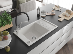 Mexen Elias žulový drez 1-komorový s odkvapkávačom a kuchynskou batériou Duo, biely - 6511-20-671701-07