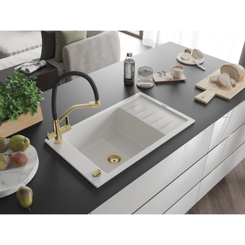 Mexen Elias jednokomorový granite kuchynský drez s odkvapkávačom a batériou Duo, biely - 6511-20-671701-57-G
