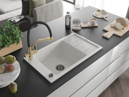 Mexen Elias granitový kuchynský drez s 1-komorou s odkvapkávačom a kuchynskou batériou Duo, biely - 6511-20-671701-57-B