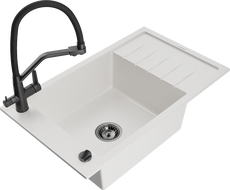 Mexen Elias granitový drez s jednou komorou s odkladacou plochou a kuchynskou batériou Duo, biely - 6511-20-671701-70-B