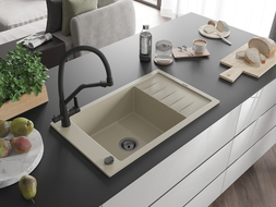 Mexen Elias granitový jednodrez s odkvapkávačom a kuchynskou batériou Duo, béžový - 6511-69-671701-70-B
