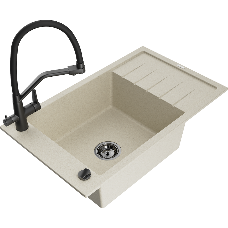 Mexen Elias granitový jednodrez s odkvapkávačom a kuchynskou batériou Duo, béžový - 6511-69-671701-70-B