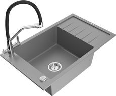 Mexen Elias žulový drez 1-komorový s odkvapkávačom a kuchynskou batériou Duo, šedý - 6511-71-671701-07