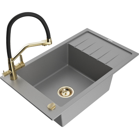Mexen Elias žulový kuchynský drez s 1 komorou s odkvapkávačom a kuchynskou batériou Duo, sivý - 6511-71-671701-57-G