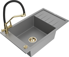 Mexen Elias žulový kuchynský drez s 1 komorou s odkvapkávačom a kuchynskou batériou Duo, sivý - 6511-71-671701-57-G