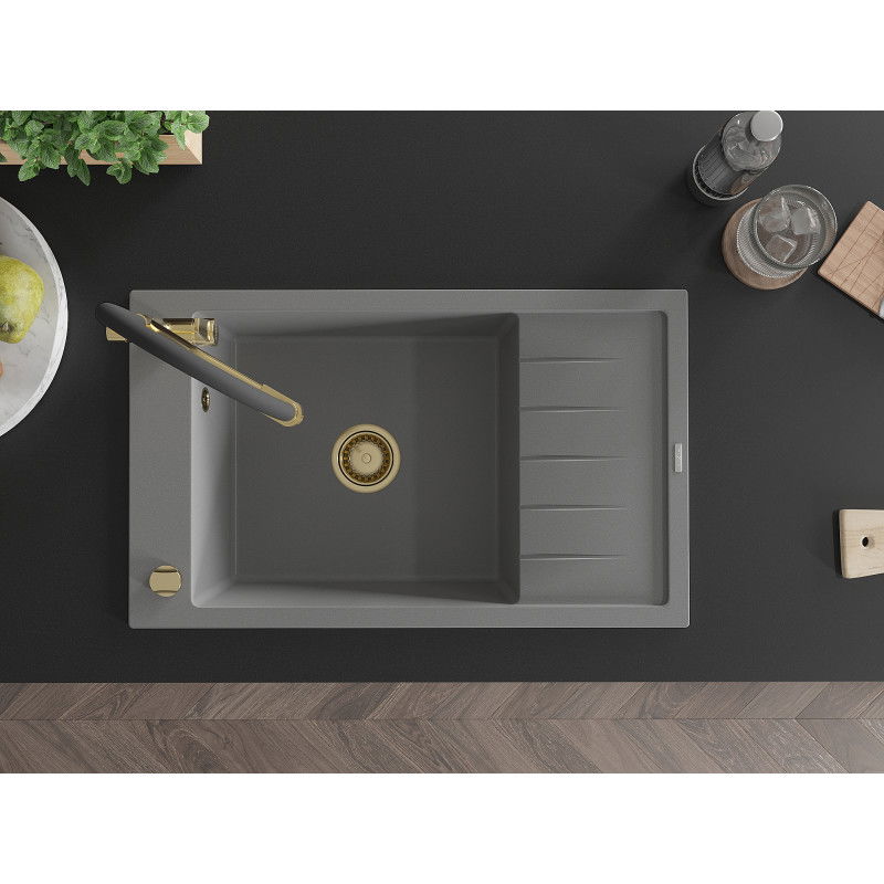 Mexen Elias žulový kuchynský drez s 1 komorou s odkvapkávačom a kuchynskou batériou Duo, sivý - 6511-71-671701-57-G