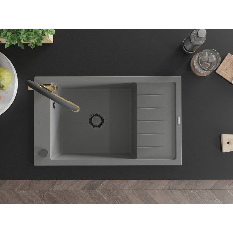 Mexen Elias granitový umývadlo s 1 komorou a odkvapkávačom a kuchynskou batériou Duo, sivý - 6511-71-671701-57-B