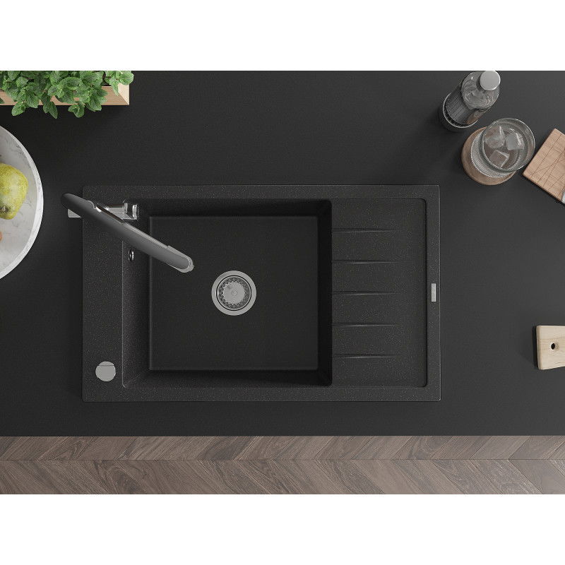Mexen Elias žulový drez s 1 komorou a odkvapávačom a kuchynskou batériou Duo, čierny/strieborný metalický - 6511-73-671701-07