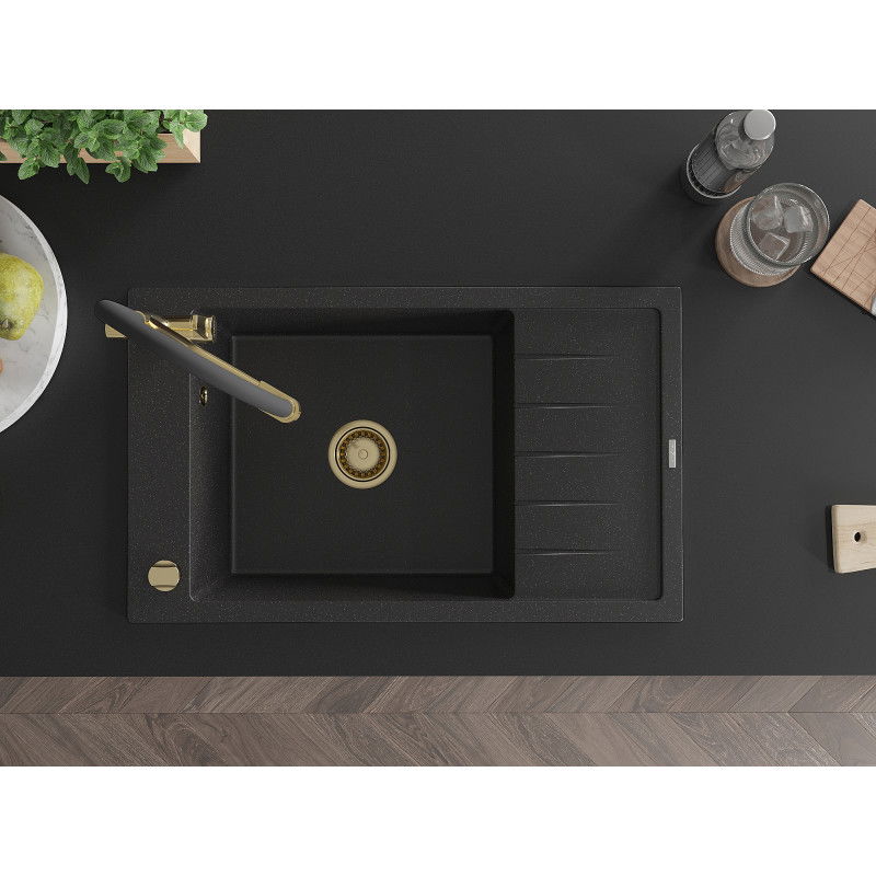 Mexen Elias jednokomorový žulový drez s odkvapkávačom a kuchynskou batériou Duo, čierny/strieborný metalik