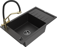 Mexen Elias žulový drez s 1 komorou s odkvapkávačom a kuchynskou batériou Duo, čierny/strieborný metalik - 6511-73-671701-57-B