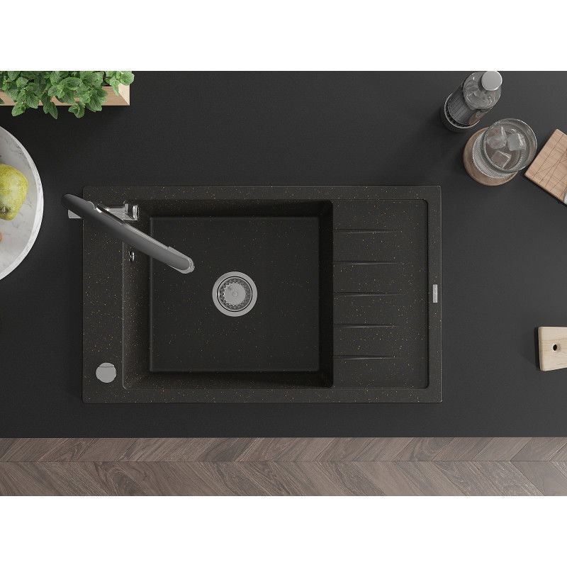 Mexen Elias granitový drez s 1 komorou s odkvapkávačom a kuchynskou batériou Duo, čierna/zlatý metalický