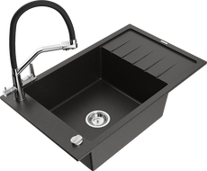 Mexen Elias granitový drez s 1 komorou s odkvapkávačom a kuchynskou batériou Duo, čierna/zlatý metalický
