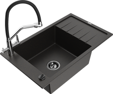 Mexen Elias granitový drez s 1 komorou, odkapávačom a kuchynskou batériou Duo, čierny/zlatý metalík - 6511-75-671701-07-B