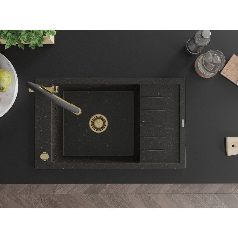 Mexen Elias granitový kuchynský drez s 1 komorou, s odkvapkávačom a kuchynskou batériou Duo, čierny/zlatý metalický