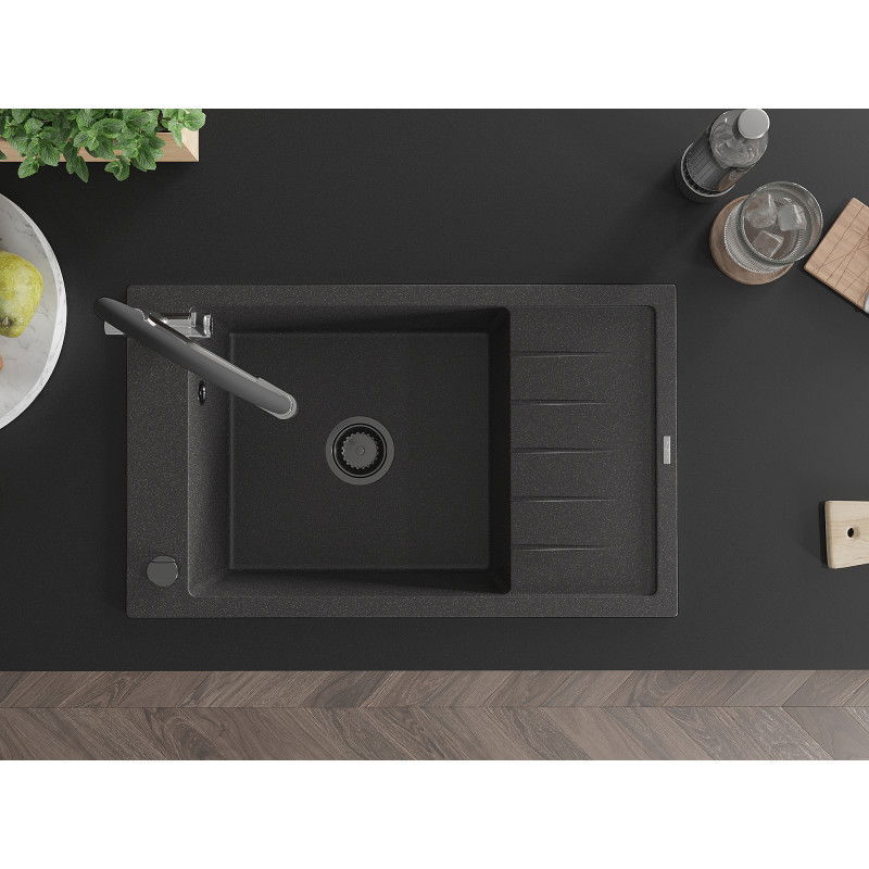 Mexen Elias granitový drez 1-komorový s odkvapkávačom a kuchynskou batériou Duo, čierno škvrnitý - 6511-76-671701-07-B