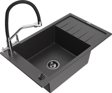 Mexen Elias granitový drez 1-komorový s odkvapkávačom a kuchynskou batériou Duo, čierno škvrnitý - 6511-76-671701-07-B