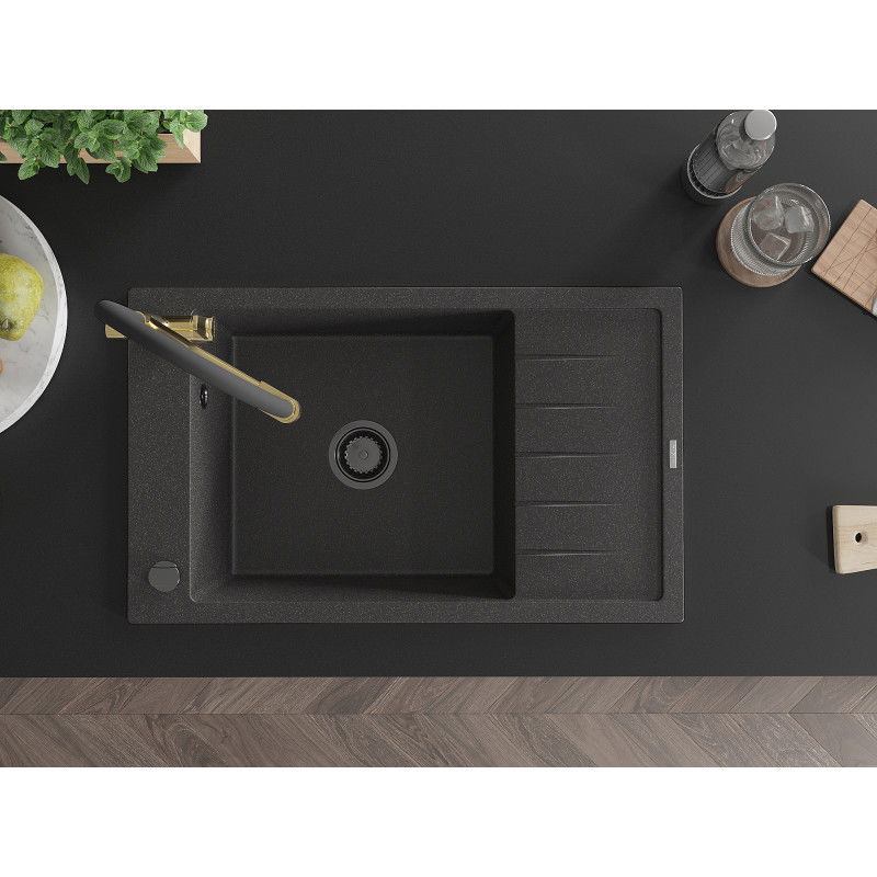 Mexen Elias žulový drez s jednou komorou s odkvapkávačom a kuchynskou batériou Duo, čierny s fľakmi - 6511-76-671701-57-B