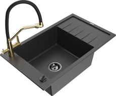 Mexen Elias žulový drez s jednou komorou s odkvapkávačom a kuchynskou batériou Duo, čierny s fľakmi - 6511-76-671701-57-B