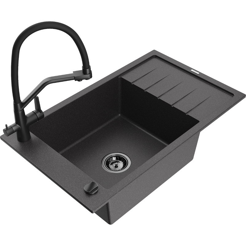 Mexen Elias jednokomorový žulový drez s odkvapkávačom a kuchynskou batériou Duo, čierny bodkovaný - 6511-76-671701-70-B