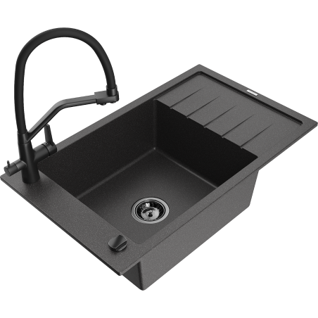 Mexen Elias jednokomorový žulový drez s odkvapkávačom a kuchynskou batériou Duo, čierny bodkovaný - 6511-76-671701-70-B