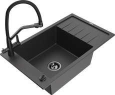 Mexen Elias jednokomorový žulový drez s odkvapkávačom a kuchynskou batériou Duo, čierny bodkovaný - 6511-76-671701-70-B