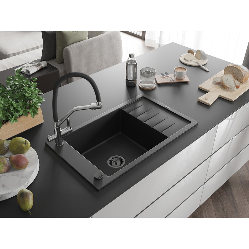 Mexen Elias granitový kuchynský drez 1-komorový s odkvapkávačom a kuchynskou batériou Duo, čierny - 6511-77-671701-07-B