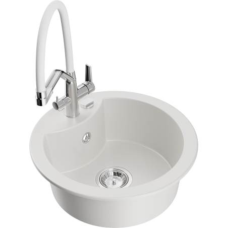 Mexen Diego žulový kuchynský drez 1-komorový s kuchynskou batériou Duo, biely - 6512-20-671701-02