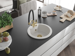 Mexen Diego granitový jednokomorový drez s kuchynskou batériou Duo, biely - 6512-20-671701-57-G