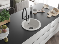 Mexen Diego jednokomorový kuchynský drez z granitu s kuchynskou batériou Duo, biely - 6512-20-671701-70-B