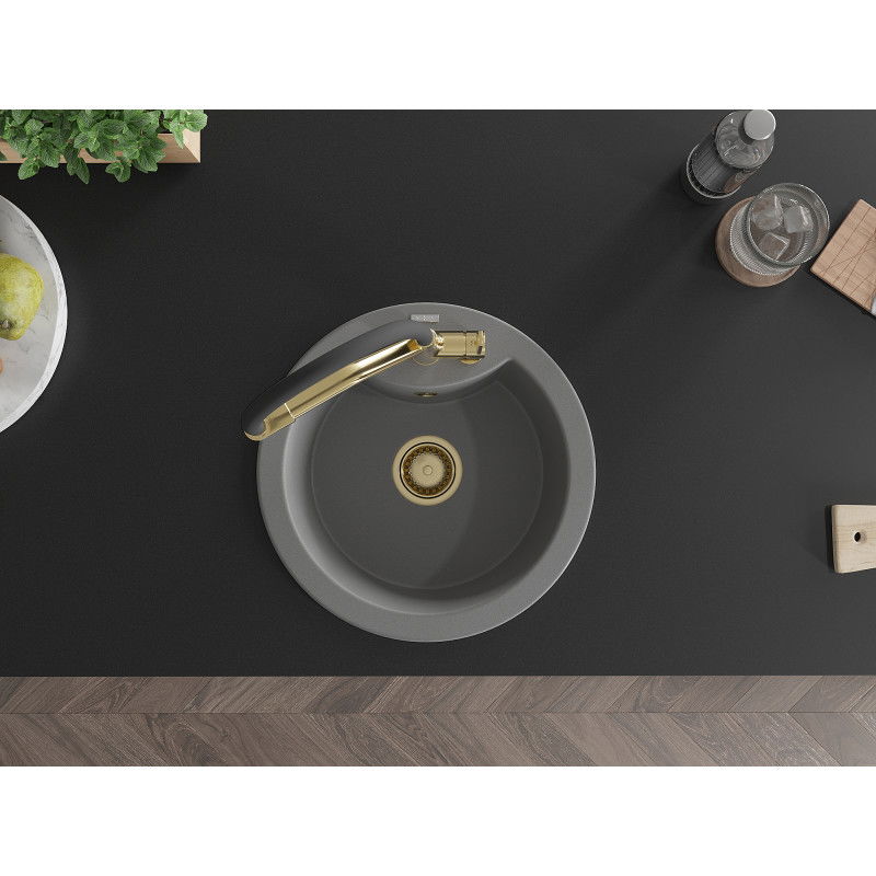 Mexen Diego žulový umývadlo, jednokomorové s kuchynskou batériou Duo, sivé - 6512-71-671701-57-G