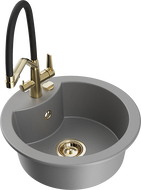 Mexen Diego žulový umývadlo, jednokomorové s kuchynskou batériou Duo, sivé - 6512-71-671701-57-G