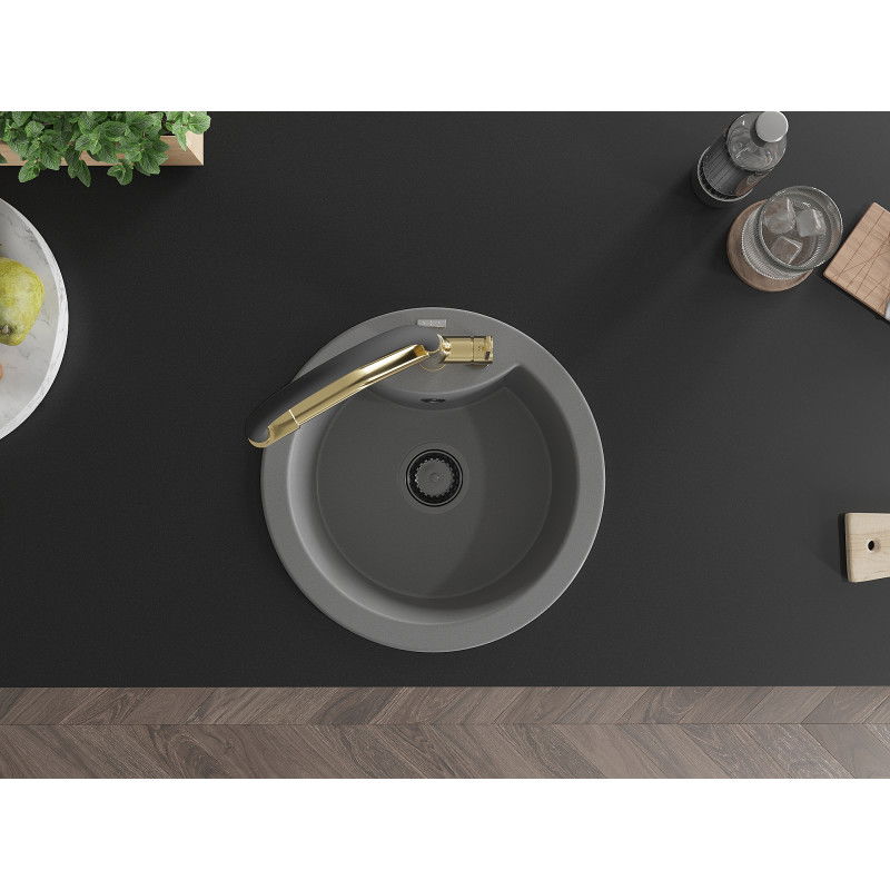 Mexen Diego žulový drez s 1 komorou a kuchynskou batériou Duo, sivý - 6512-71-671701-57-B