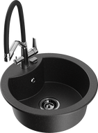 Mexen Diego granitový kuchynský drez s 1-komorou a kuchynskou batériou Duo, čierny/strieborný metalický - 6512-73-671701-07-B