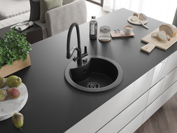Mexen Diego granitový drez s 1 komorou a kuchynskou batériou Duo, čierny/strieborný metalik - 6512-73-671701-70-B