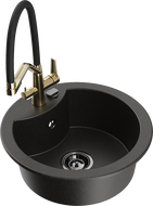 Mexen Diego žulový drez s jednou komorou s kuchynskou batériou Duo, čierny/zlatý metalický - 6512-75-671701-57-B