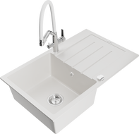 Mexen Bruno žulový drez 1-komorový s odkvapkávačom a kuchynskou batériou Duo, biely - 6513-20-671701-02