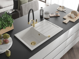 Mexen Bruno žulový drez 1-komorový s odkvapkávačom a kuchynskou batériou Duo, biely - 6513-20-671701-57-G