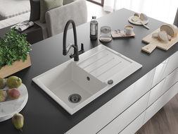 Mexen Bruno žulový kuchynský drez s 1 komorou, odkvapkávačom a kuchynskou batériou Duo, biela - 6513-20-671701-70-B