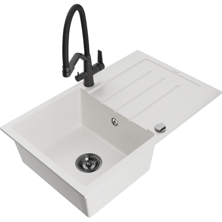 Mexen Bruno žulový kuchynský drez s 1 komorou, odkvapkávačom a kuchynskou batériou Duo, biela - 6513-20-671701-70-B