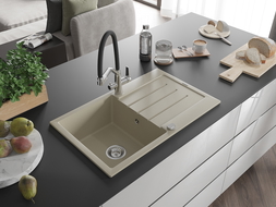Mexen Bruno granitový kuchynský drez 1-komorový s odkvapkávačom a kuchynskou batériou Duo, béžový - 6513-69-671701-07