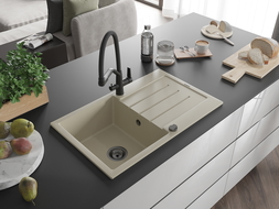 Mexen Bruno granitový kuchynský drez 1-komorový s odkvapkávačom a kuchynskou batériou Duo, béžový - 6513-69-671701-70-B